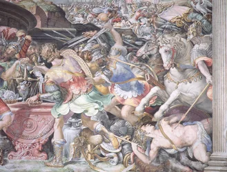 Proibindo a pesagem do ouro, cena de &39;Histórias de Furius Camillus&39;, c.1545